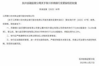 黎川农商行股权变更获批 巨曌科技受让5.15%股份