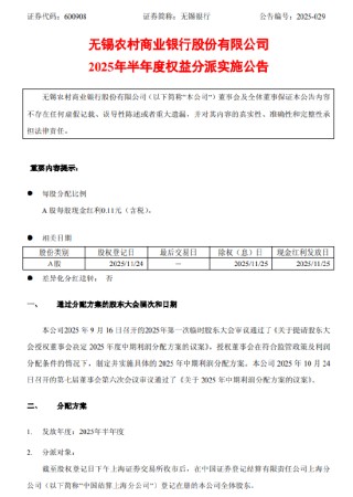 无锡银行：2025年半年度拟派发现金红利2.41亿元，每股派发现金红利0.11元（含税）