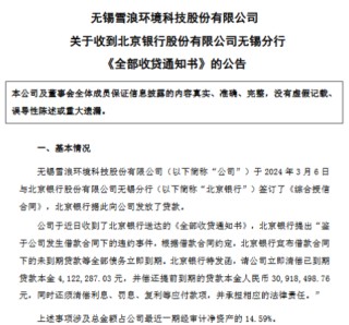 涉及0.35亿元贷款纠纷，雪浪环境收北京银行《全部收贷通知书》