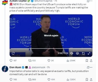 马斯克称特朗普关税人为抬高了美国太阳能发电成本
