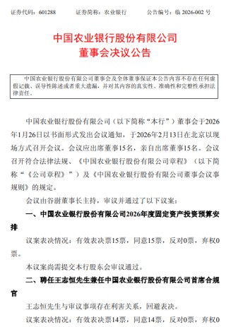农业银行：聘任行长王志恒兼任首席合规官