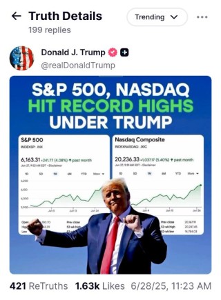 特朗普晒图：标普500与纳指“在特朗普的领导下”创新高