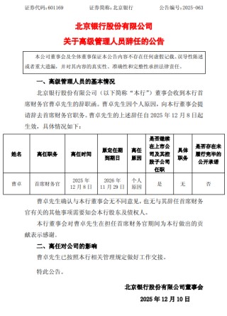 北京银行：曹卓因个人原因辞任首席财务官