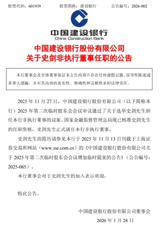 建设银行：史剑正式就任非执行董事