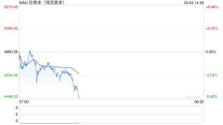 快讯：现货黄金日内暴跌8.00%，现报4492.47美元/盎司