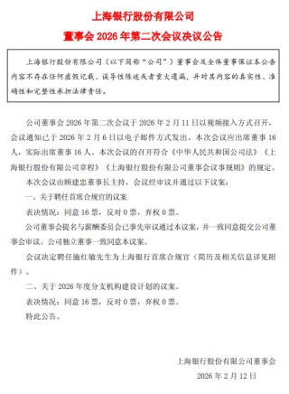 上海银行：聘任行长施红敏为首席合规官