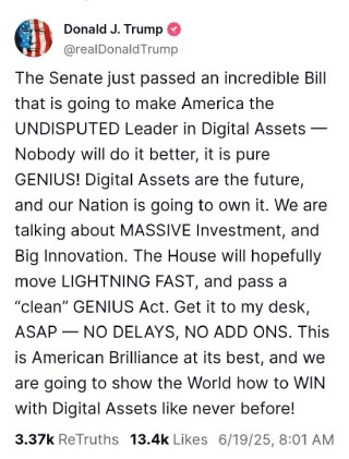 特朗普：希望众议院也能以闪电般的速度行动 通过稳定币法案