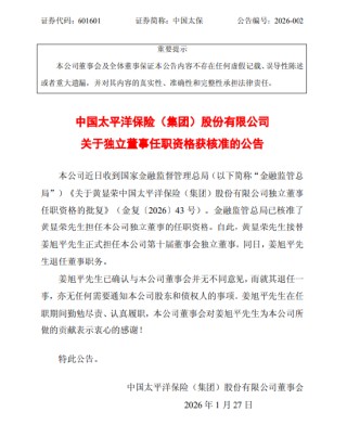 中国太保：黄显荣担任独立董事的任职资格已获核准