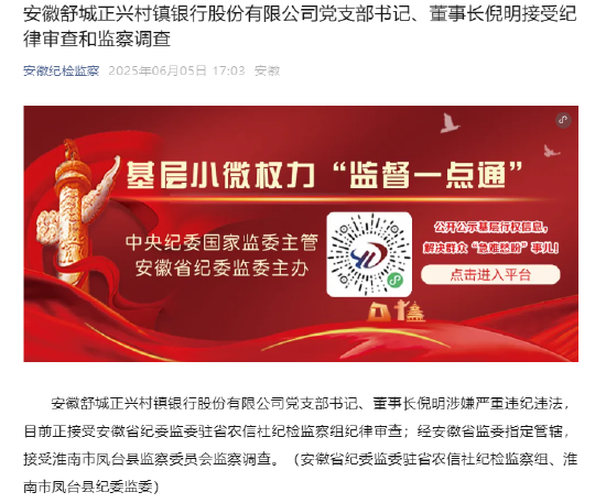安徽舒城正兴村镇银行董事长倪明被查  第1张