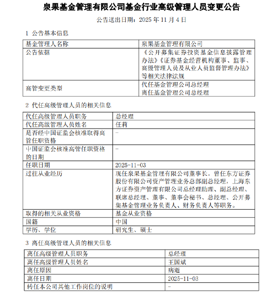 泉果基金总经理王国斌病逝 董事长任莉代任职务 第1张 泉果基金总经理王国斌病逝 董事长任莉代任职务 第1张