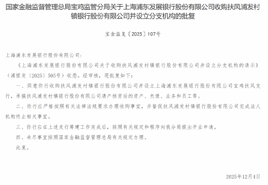 浦发银行获批收购扶风浦发村镇银行并设立分支机构  第1张