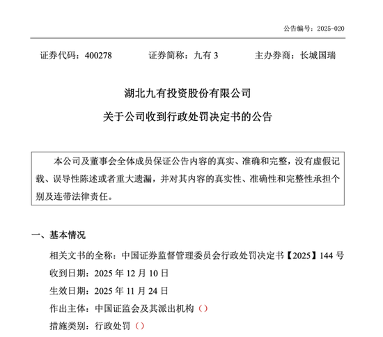 退市仍追责！九有投资被重罚，原董事长遭10年禁业！  第1张