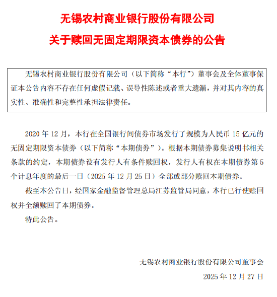 无锡银行：已全额赎回15亿元无固定期限资本债券  第1张