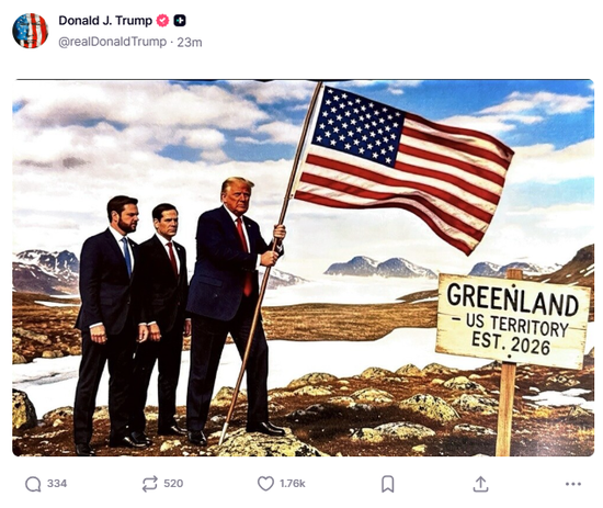“格陵兰2026年成为美国领土”！特朗普”深夜“P图：加拿大、委内瑞拉都被划入美国版图  第1张