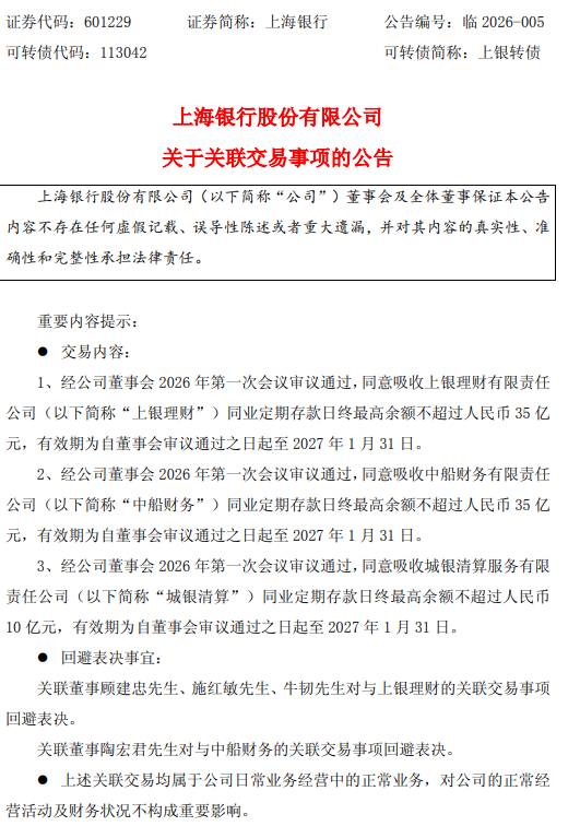 上海银行：同意吸收3家关联方同业定期存款，日终最高余额共计不超过80亿元  第1张