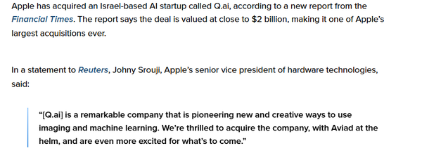 苹果斥资20亿美元收购以色列AI公司 CEO将入职苹果  第2张