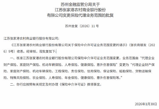张家港行获批变更保险中介许可证业务范围  第1张