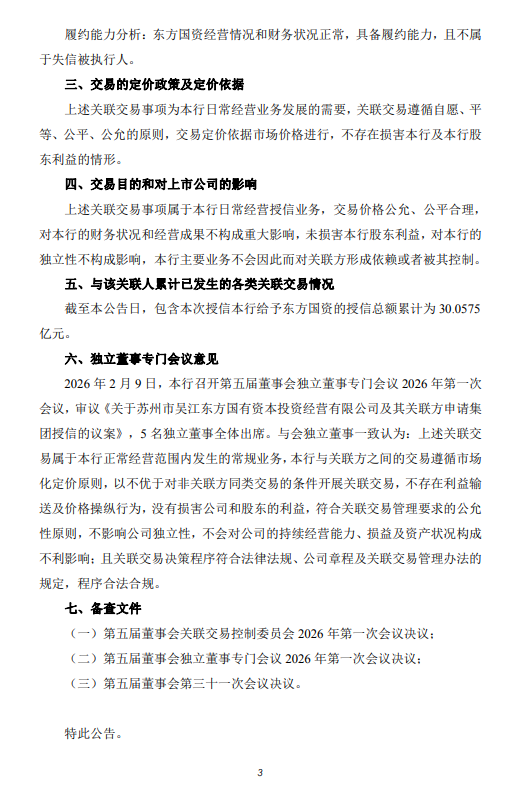 苏州银行：拟对东方国资授信30.06亿元  第3张